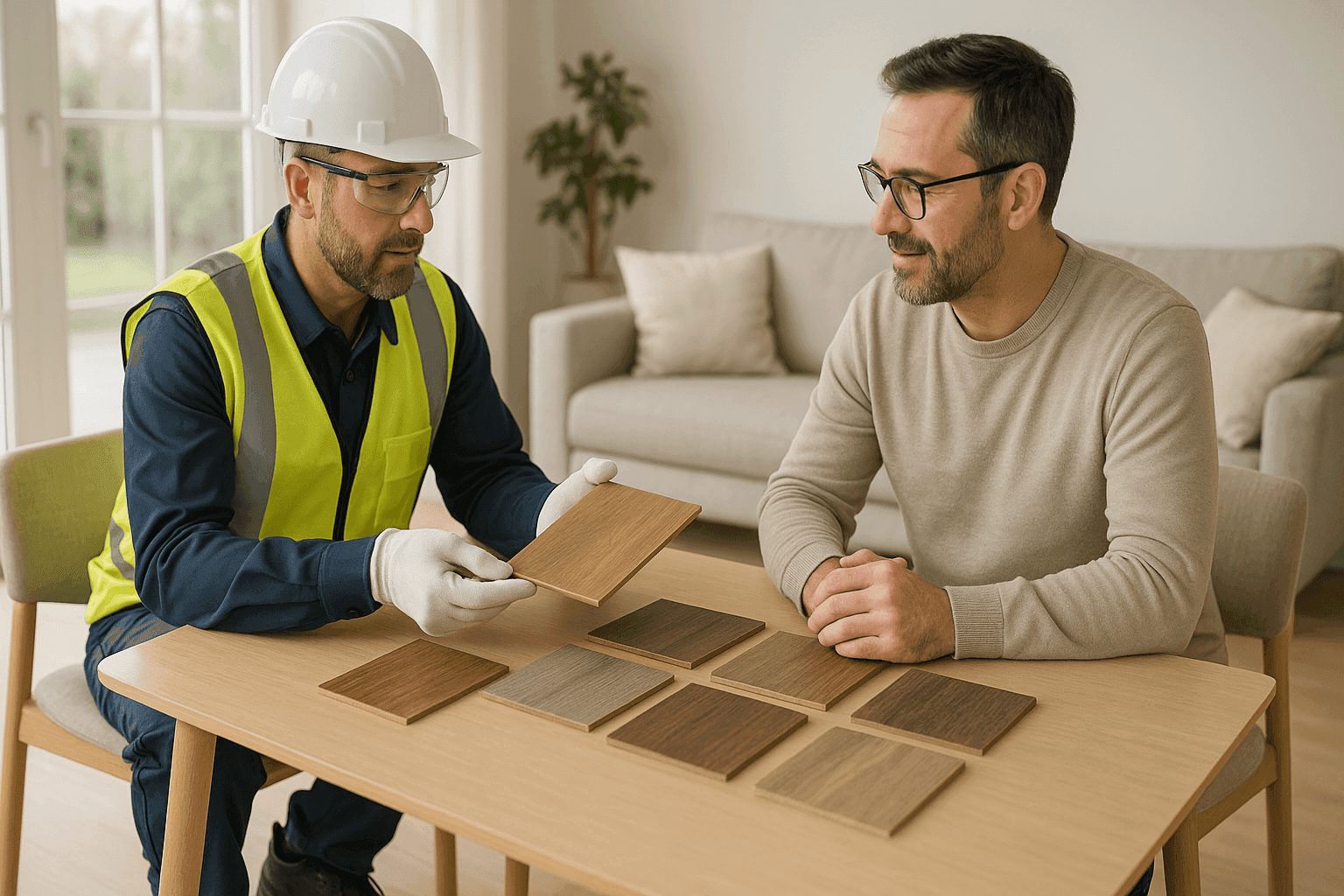 Flooring consultant showing samples to a homeowner in a bright living room