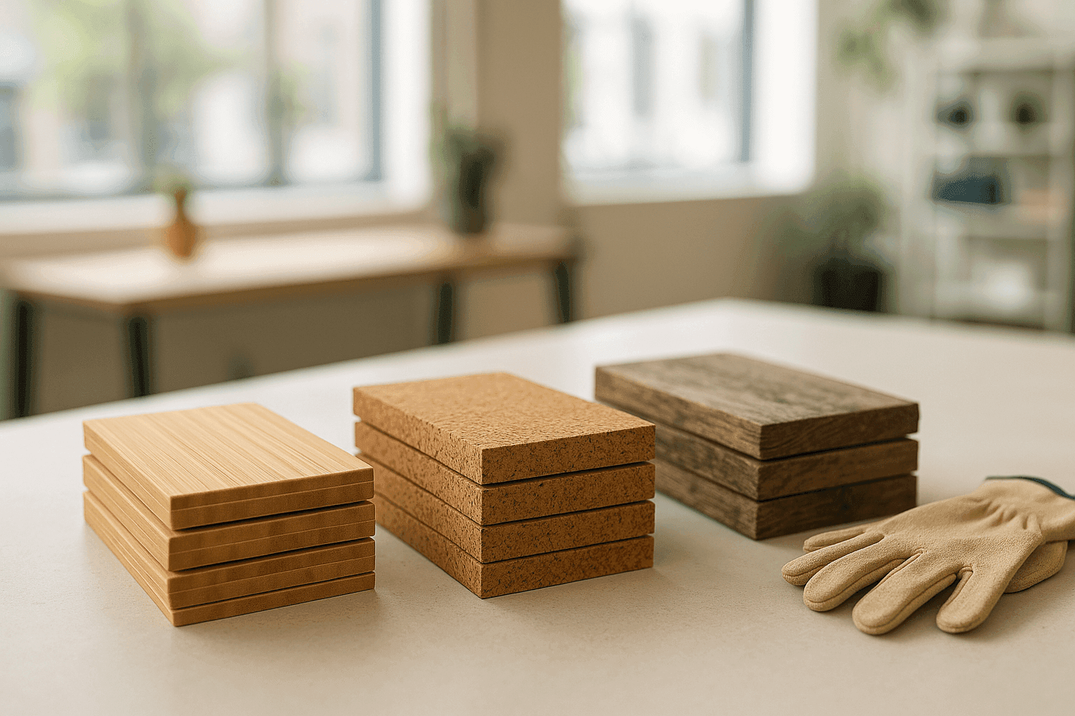 Selection of eco-friendly flooring samples including bamboo, cork, and recycled wood