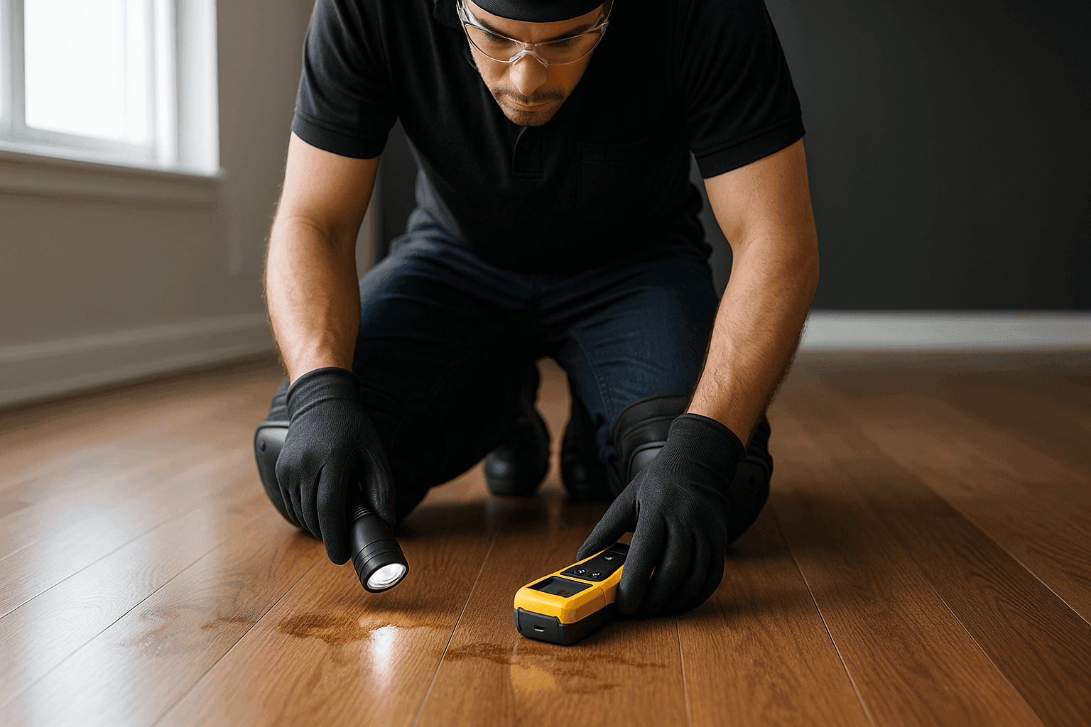 Technician assessing damaged hardwood floor with visible water stains