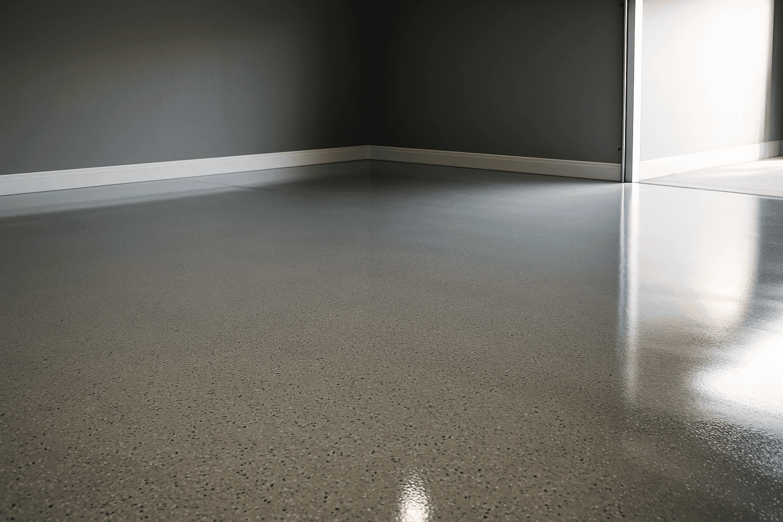 Freshly installed epoxy garage floor with a clean finish and subtle reflection