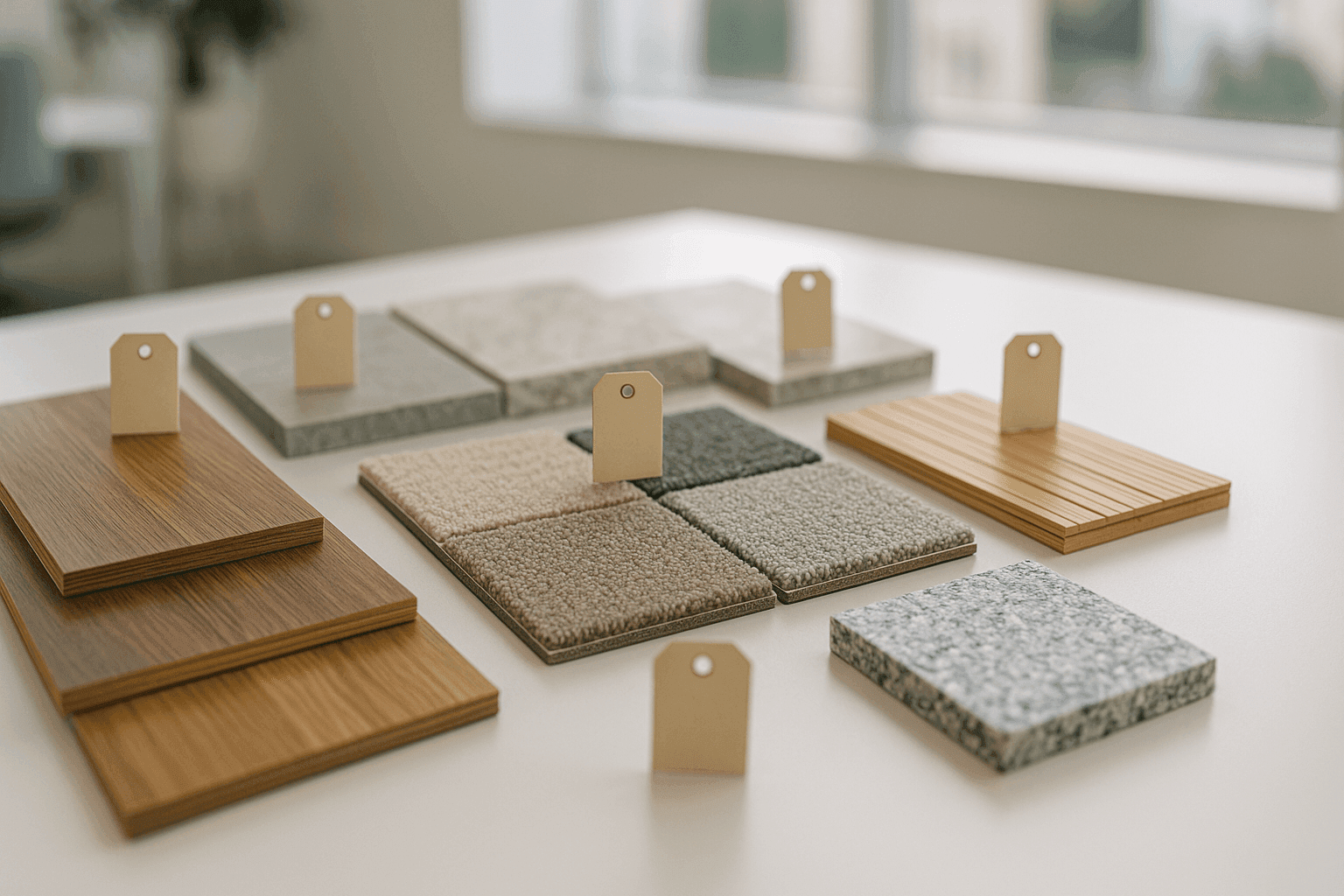 Various flooring samples with price tags on a clean table