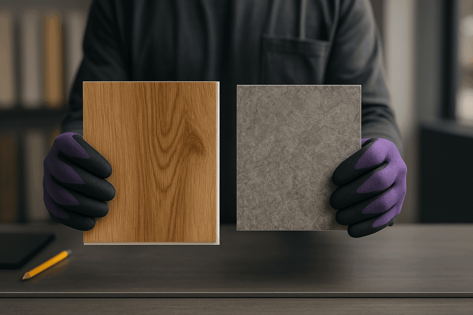 Closeup of luxury vinyl plank and tile samples being compared on a table