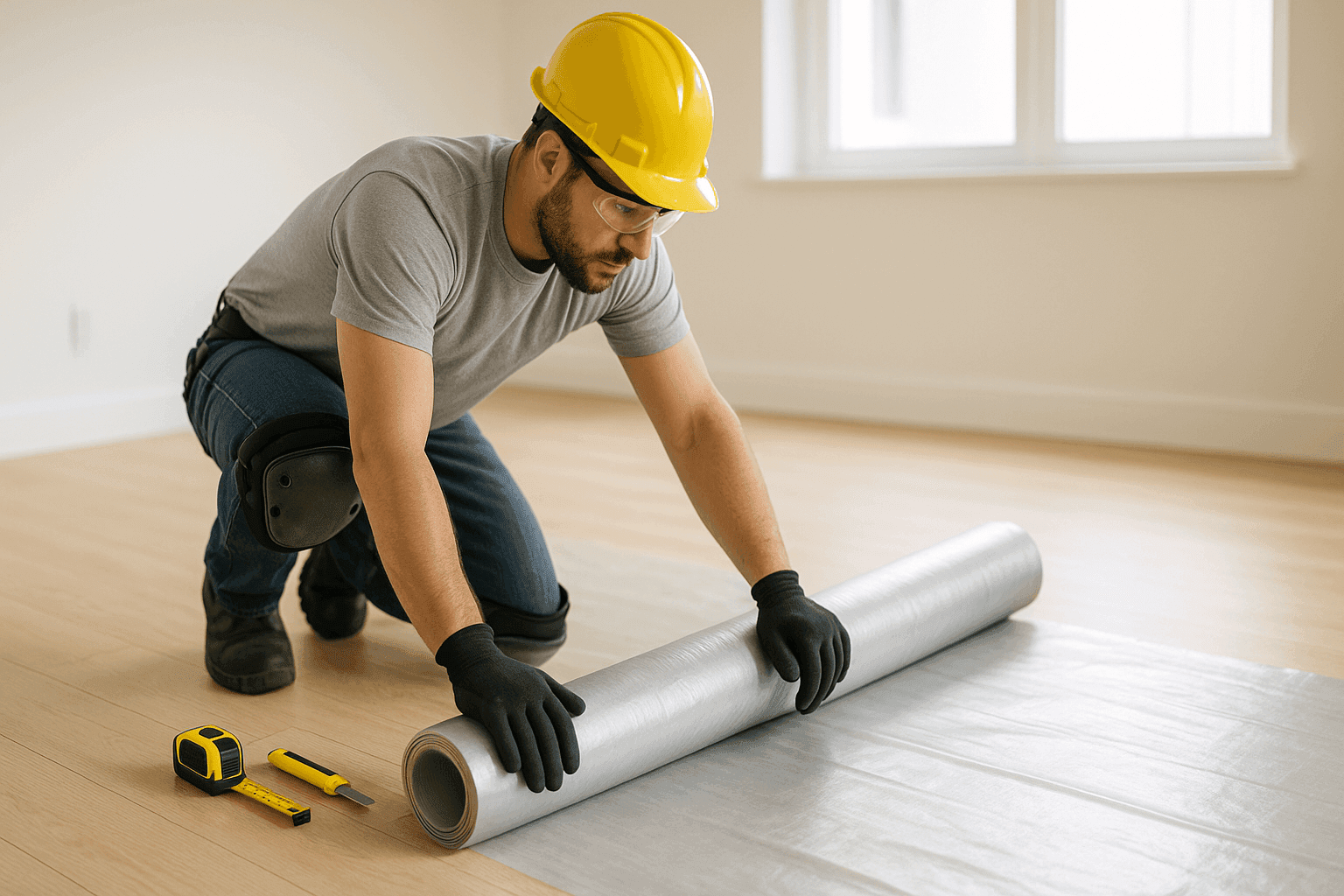 Installer applying moisture barrier over subfloor in a residential room