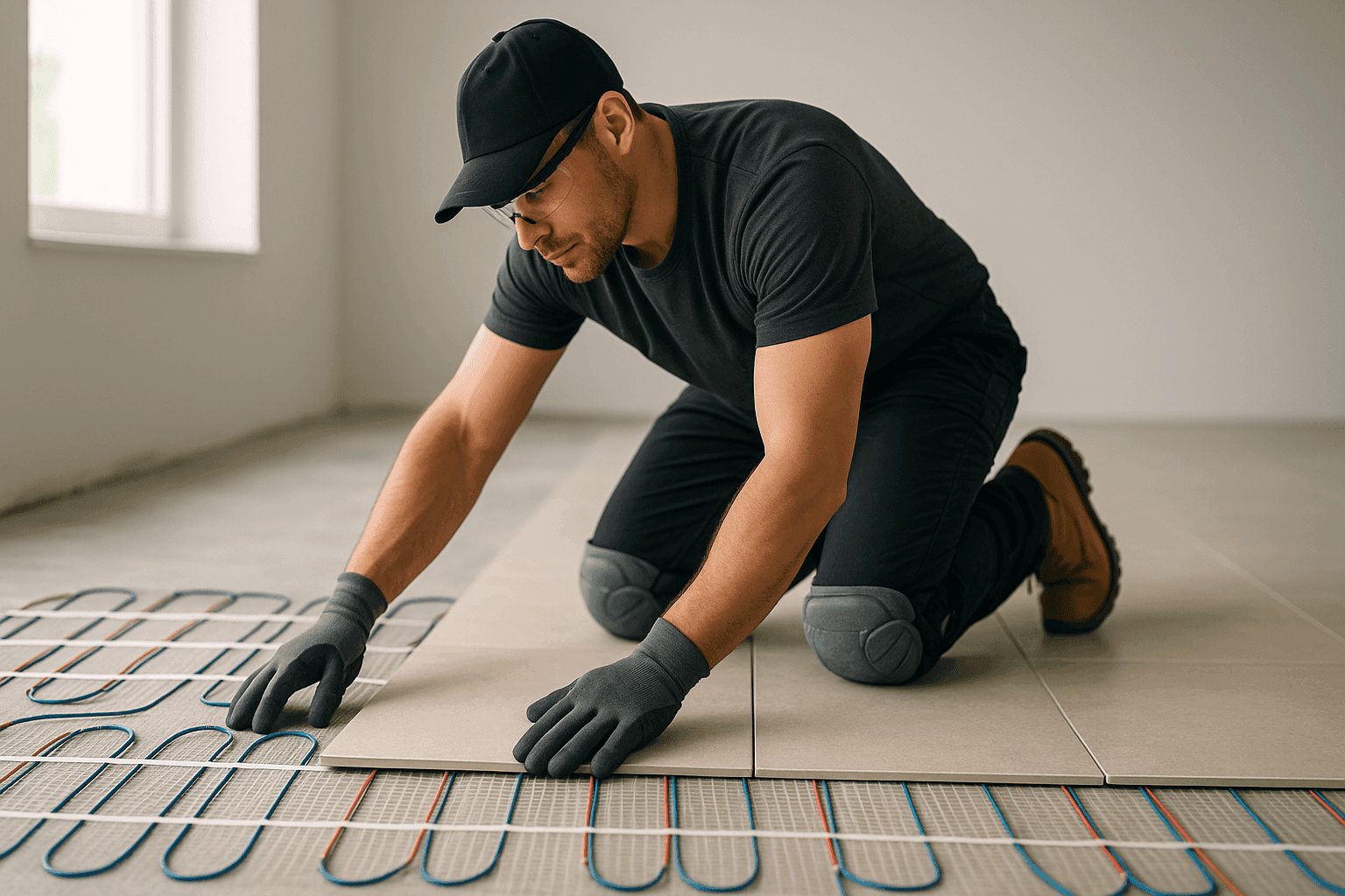Professional installing radiant floor heating system under new tile floor