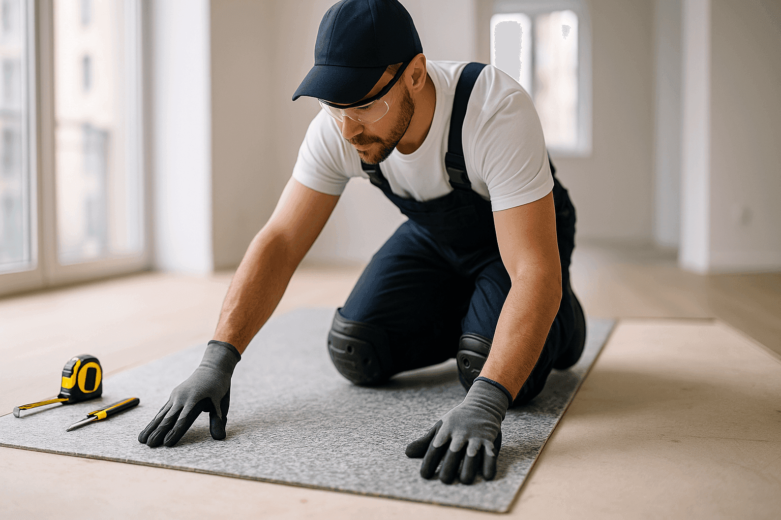 Floor installer laying down soundproofing underlayment in an apartment