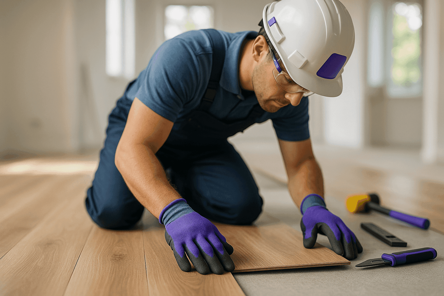 Worker wearing violet-accented PPE installing wood flooring in clean residential and commercial site