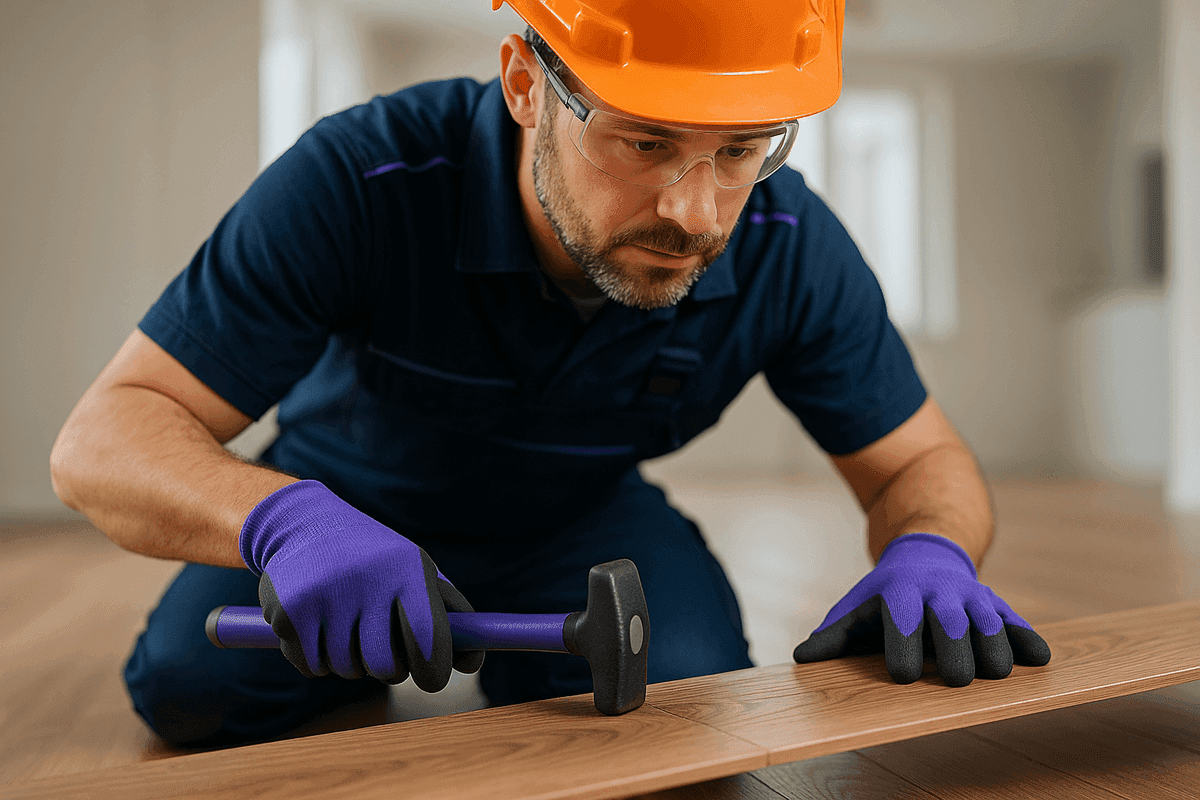 Close-up of installer with PPE aligning wood flooring plank in modern residential interior